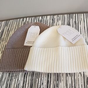 Lightweight Ribbed Knit Beanies in Cream and Brown Set of 2